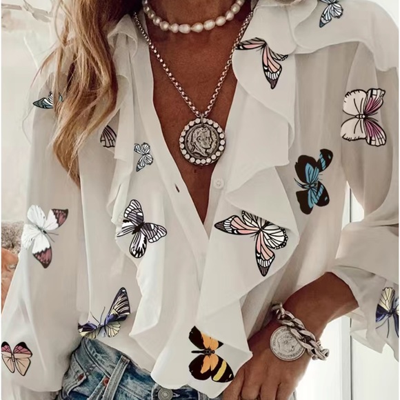 Tops - BUTTERFLY PRINT RUFFLE HEM BLOUSE V-NECK LONG SLEEVES WESTERN CASUAL BOHO TOP SM